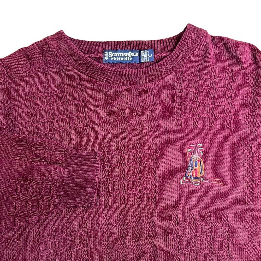 Vintage Scottish Isle Mens Large Maroon Golf‎ Embroidered Cable Knit Sweater